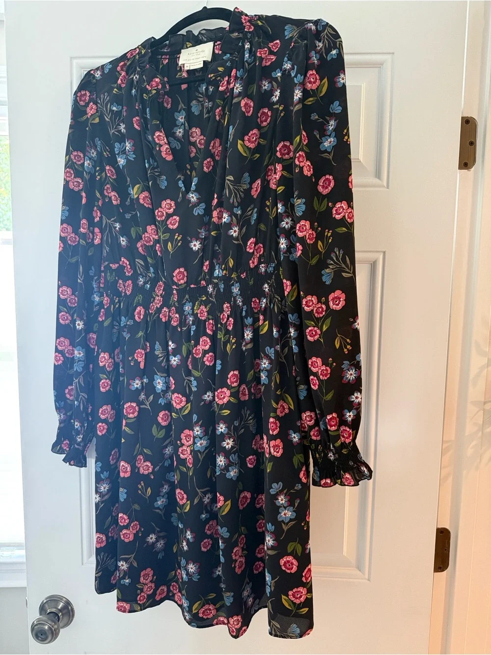 kate spade Black Floral Long-Sleeve Ruffle Neck Dress with Pink & Blue Blooms